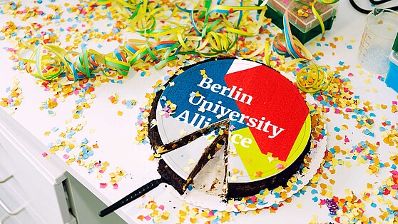 Angeschnittene Torte mit Schriftzug "Berlin University Alliance"; Brain City Berlin