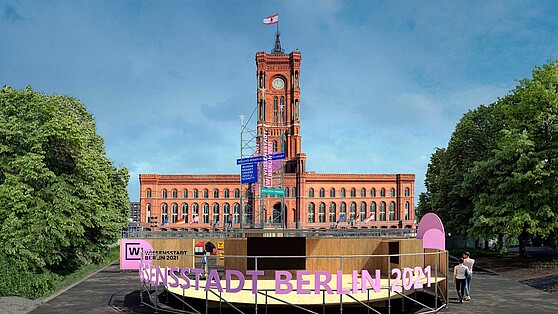 Rotes Rathaus with open-air exhibtion"Wissensstadt Berlin 2021" im Vordergrund