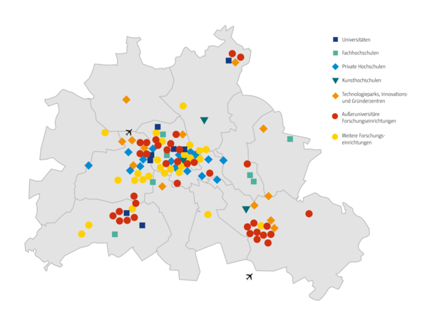Karte der Berliner Wissenschftsstandorte Übersichtskarte der Berliner Wissenschaftsstandorte farbig differenziert